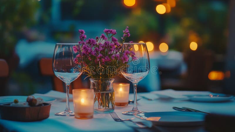 Romantisk middagsinställning utomhus med blommor och ljus royaltyfri illustrationer