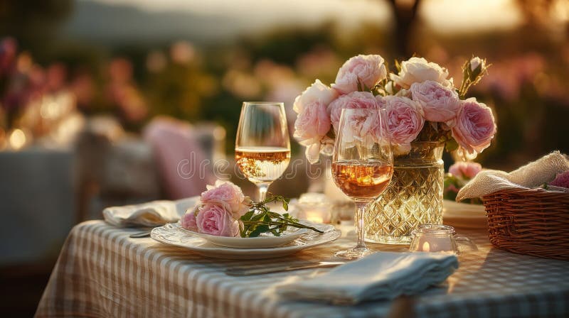 Romantisk middagsinställning utomhus med rosa ponnyer och vin royaltyfri illustrationer