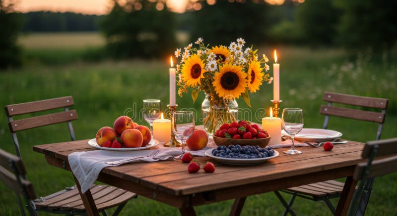 Romantisk middagsinställning utomhus med solblommor och frukt vektor illustrationer