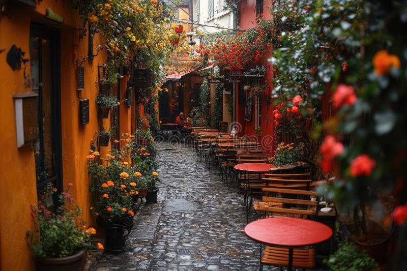 Romantisk regndag i en Cobblestone Alleyway med utomhuscafe royaltyfri illustrationer