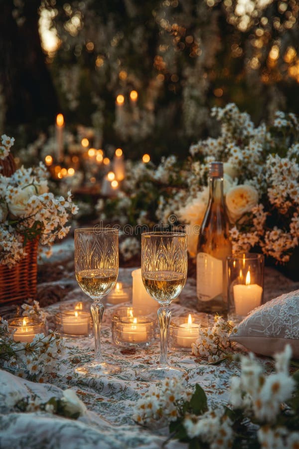Romantisk utomhusbild med ljus och vita blommor stock illustrationer