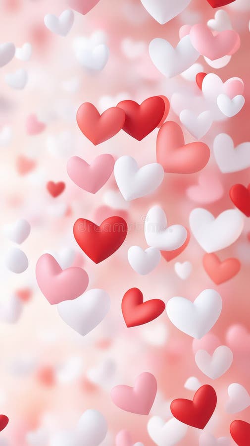 Romantisk valentindagsbakgrund med många röda rosa och vita hjärtan flytande stock illustrationer