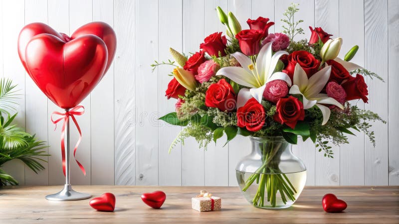 Romantiska röda rosor och lilies bouquet med hjärtformad ballong och små gåvor på träbord. Generativ AI royaltyfri illustrationer
