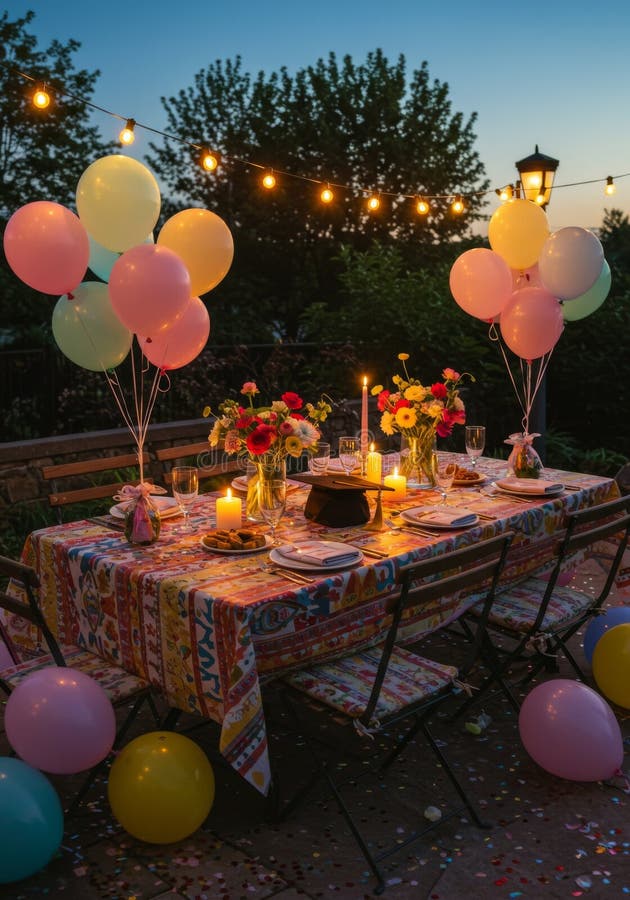 Romantiska utomhusmiddagsfesten med pastellballonger stock illustrationer