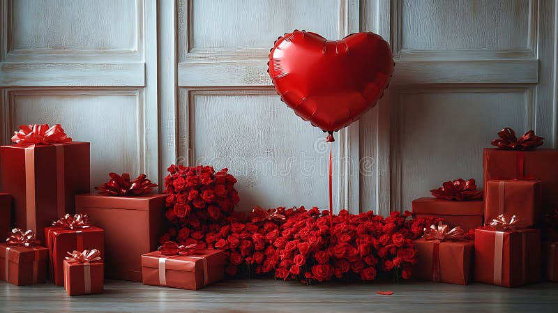 Romantiska valentiners dag firande med röda gåvor rosor och hjärtformad ballong perfekt för kärlek och årsdag royaltyfri illustrationer