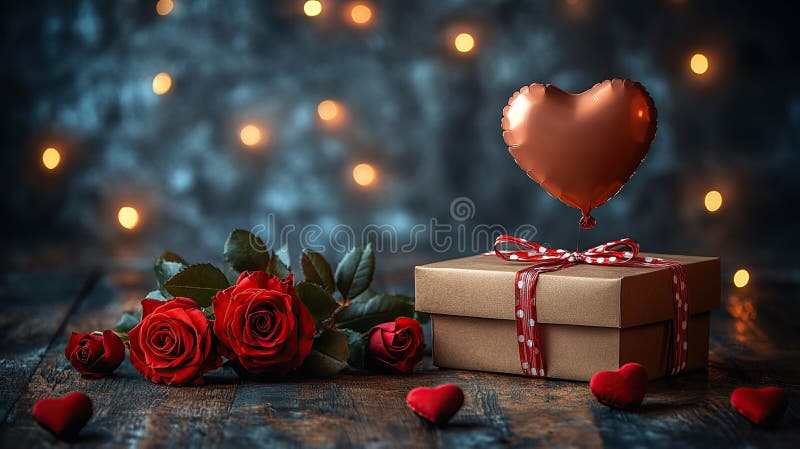 Romantiska valentiners dagspresscen med röda rosor, hjärtformad ballong och presentbox på träyta stock illustrationer