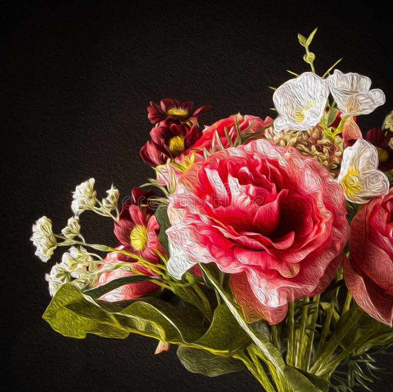 Romantiskt blommabukettslut som isoleras upp på svart bakgrund, foto till effekt för oljamålning arkivbilder