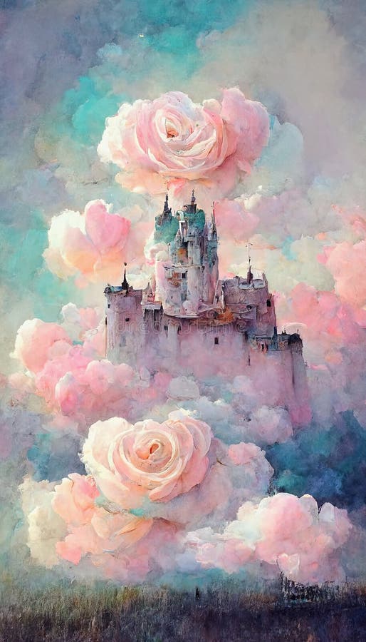 Romantiskt slott i ett pastellfärgat himmel, generativ illustration royaltyfri illustrationer