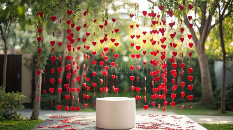 Romantiskt utegångsdäck med hanging Red Hearts stock illustrationer