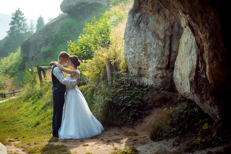 Romantyczny plenerowy ślubny portret Eleganccy nowożeńcy ściskają i stoją konfrontacyjni each inny na pogodnym zdjęcie stock Romantyczny plenerowy ślubny portret Eleganccy nowożeńcy ściskają i stoją konfrontacyjni each inny na pogodnym zdjęcie stock