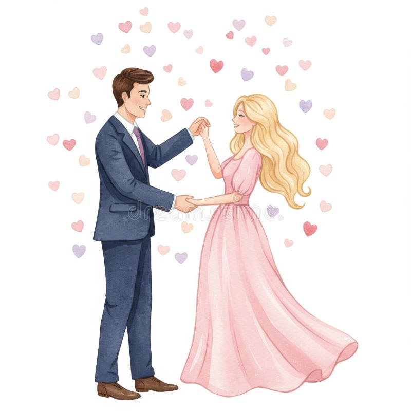 Romantyczny taniec pary wśród upadających serc Ilustracja akwareli. Wygenerowane przez interfejs Ai