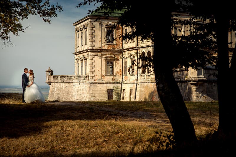 Romantyczny ślubny plenerowy portret nowożeńcy pary mienia ręki wspaniali delikatnie nacierać blisko starego nosy i obrazy royalty free Romantyczny ślubny plenerowy portret nowożeńcy pary mienia ręki wspaniali delikatnie nacierać blisko starego nosy i obrazy royalty free