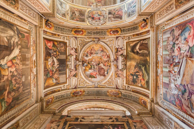 Rome - The ceiling fresco by G. B. Ricci from 16. cent. in church Chiesa di Santa Maria in Transpontina and chapel of st. Peter an