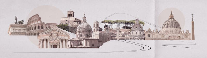 Rome famous landmarks collage. The modern art design from best views of Rome, Italy, Europe.