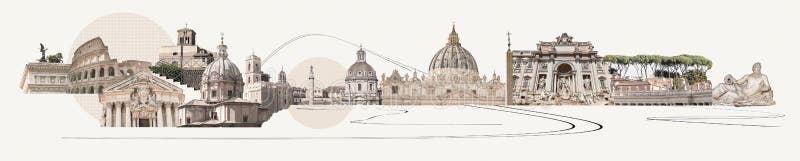 Rome famous landmarks collage. The modern art design from best views of Rome, Italy, Europe.