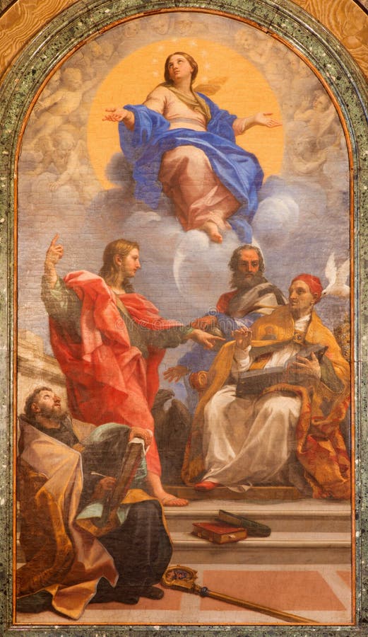 ROME, ITALIE : Conception impeccable et les saints John Ev , John Bap , Augustine, Gregory, en Di Santa Maria del Popolo de basil image stock ROME, ITALIE : Conception impeccable et les saints John Ev , John Bap , Augustine, Gregory, en Di Santa Maria del Popolo de basil image stock