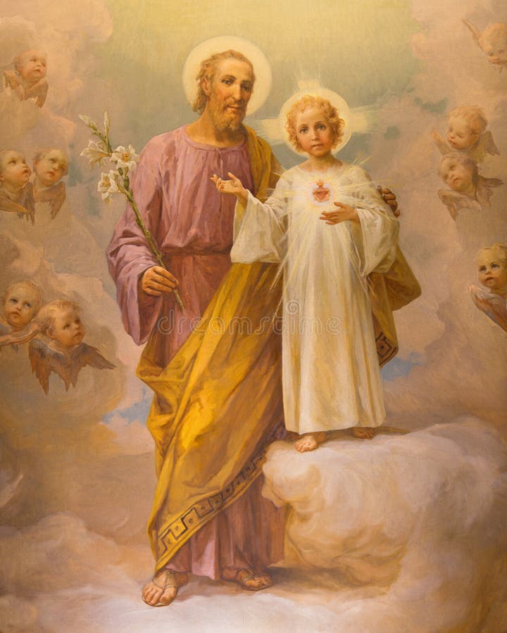 ROME ITALIEN: Målarfärgen av St Joseph vid E Ballerini (1941) i kyrklig Chiesa di Patentlösning Signora del Sacro Cuore royaltyfria foton ROME ITALIEN: Målarfärgen av St Joseph vid E Ballerini (1941) i kyrklig Chiesa di Patentlösning Signora del Sacro Cuore royaltyfria foton