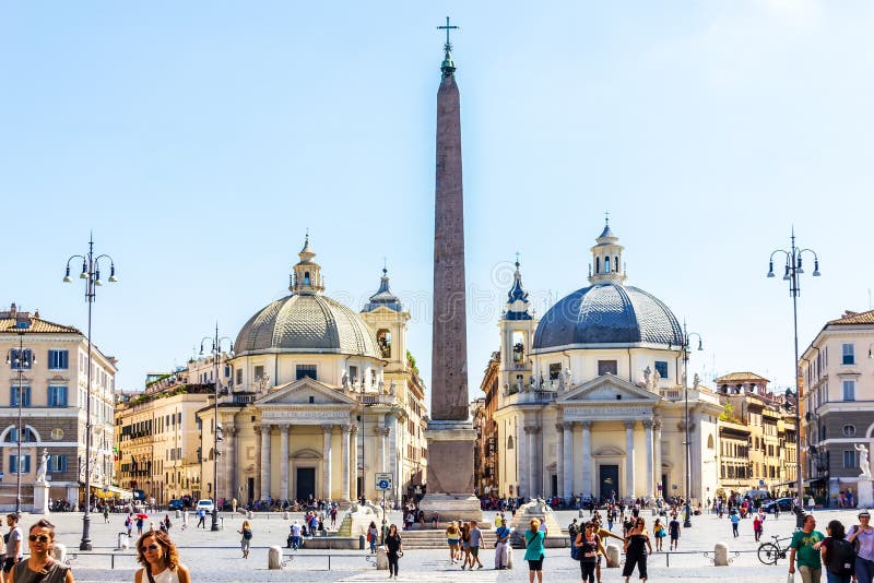 Busy Italian Street Via del Corso leading to Piazza del Popolo with Twin Churches