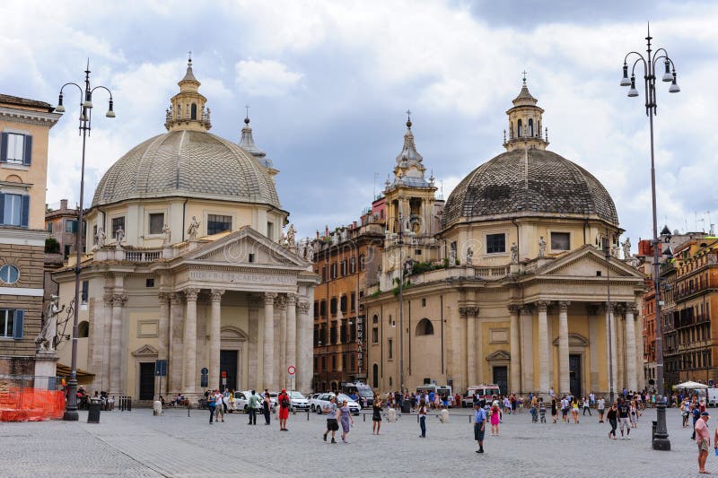 View of piazza del Popolo in Rome. Santa Maria in Montesanto and Santa Maria dei Miracoli basilics