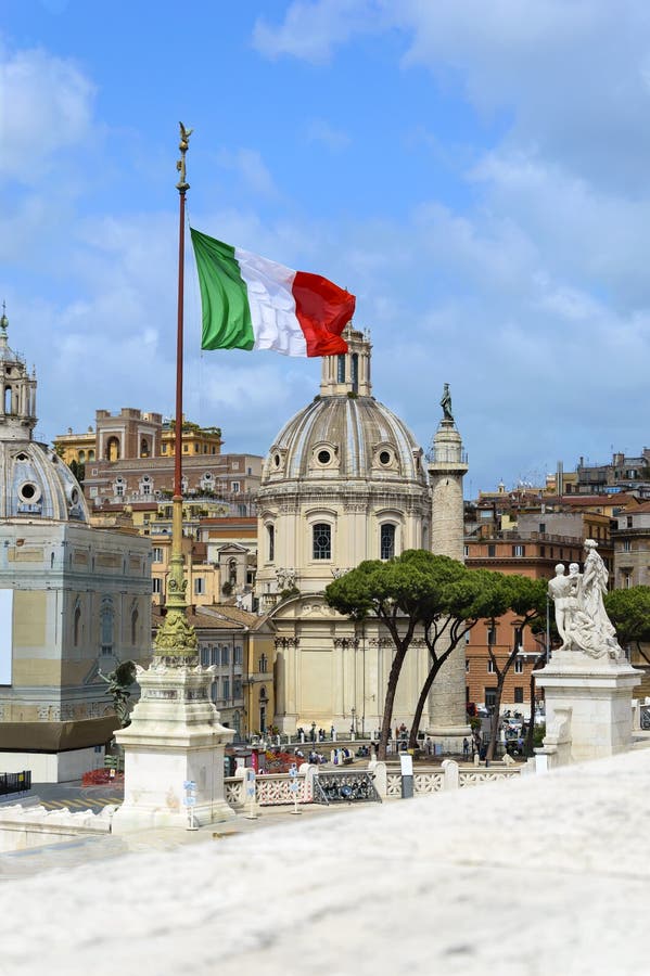 Rome, Italy. Churches, Trajan`s Column and Italian flag - view from Vittorio Emanuele monument stock photos