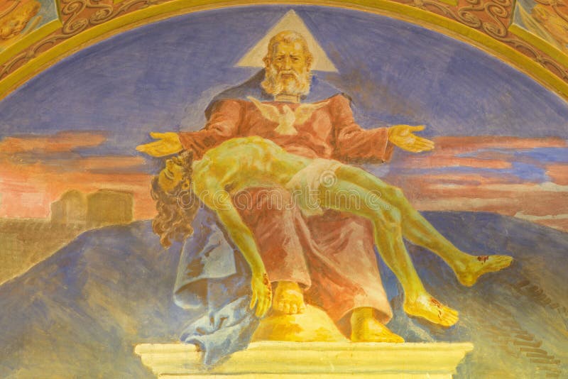 ROME, ITALY - MARCH 10, 2016: The fresco God the Father with the death Son (1957-1965) in church Basilica di Santa Maria Ausiliatrice by the Salesian Don Giuseppe Melle.