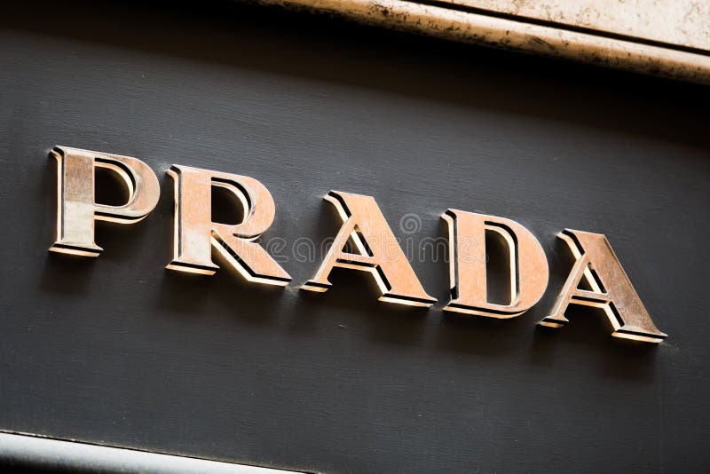 FRANKFURT, GERMANY - Oktober 24, 2015: Prada Logo. Prada is an Italian  fashion label specializing in luxury goods for men and women, Stock image