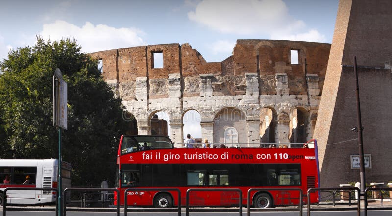 Rome red tour bus Colosseum