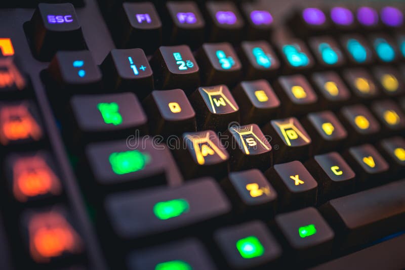 Romer-G backlit mechanical keyboard WSAD buttons detail shot. royalty free stock images Romer-G backlit mechanical keyboard WSAD buttons detail shot. royalty free stock images