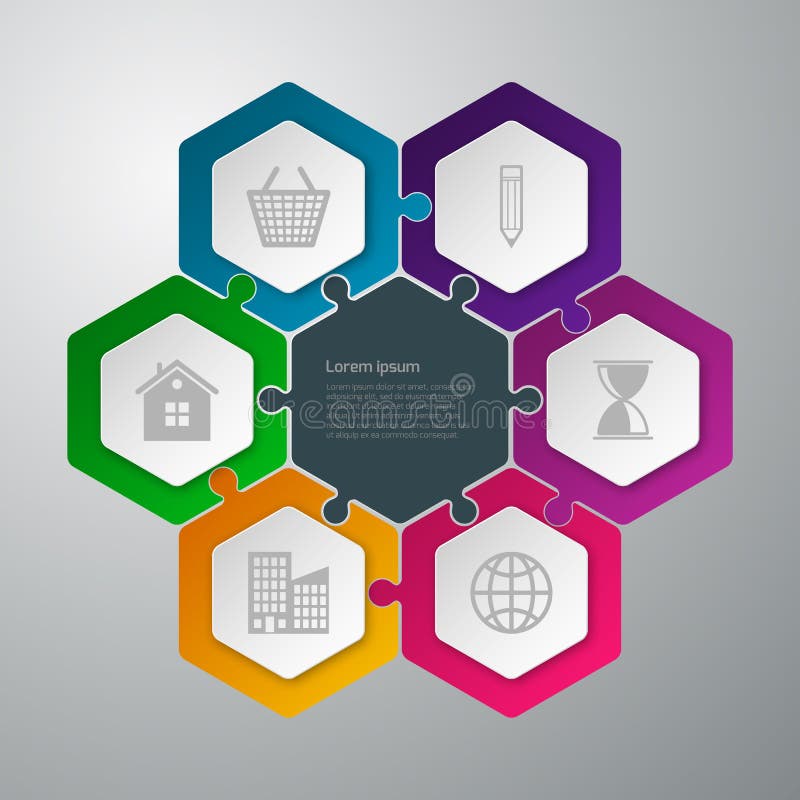 Rompecabezas conectado hexágonos del infographics del ejemplo del vector libre illustration Rompecabezas conectado hexágonos del infographics del ejemplo del vector libre illustration