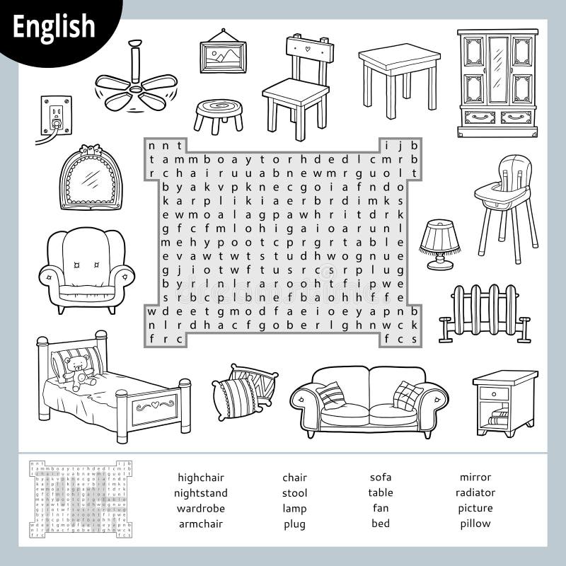 Rompecabezas De Búsqueda De Palabras Juego De Caricaturas De Muebles Juego  De Educación Para Niños Ilustración del Vector - Ilustración de  descolorido, negro: 159989650