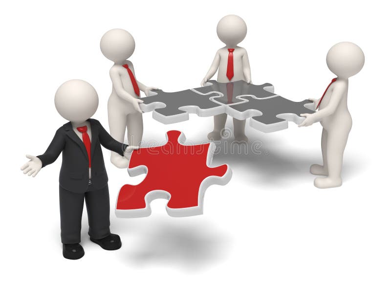 3d rendered successful business team and their boss finishing the puzzle with a red one - Solutions and success concept - Image on white background with soft shadows. 3d rendered successful business team and their boss finishing the puzzle with a red one - Solutions and success concept - Image on white background with soft shadows