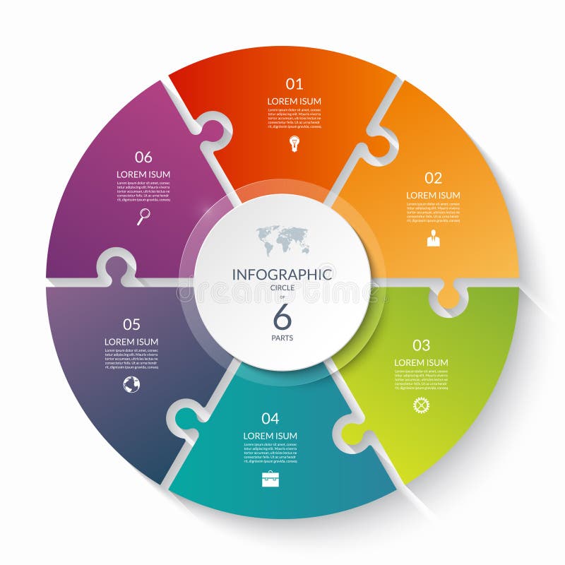 Puzzle infographic circle with 6 steps, options, pieces. Six-part cycle chart. Can be used for diagram, graph, report, presentation, web design. Puzzle infographic circle with 6 steps, options, pieces. Six-part cycle chart. Can be used for diagram, graph, report, presentation, web design.