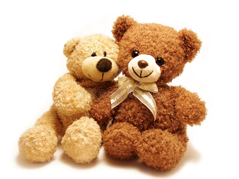 Two teddy-bears sitting with their arms around each other isolated in white. Two teddy-bears sitting with their arms around each other isolated in white