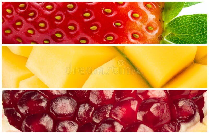 Colagem de frutas morango romã e manga fotos de stock royalty free