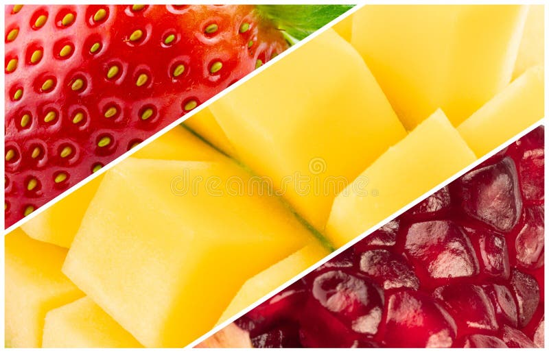 Romã e manga da morango dos frutos da colagem fotos de stock
