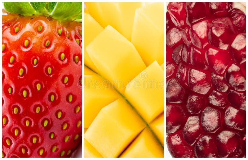 Colagem de frutas morango romã e manga imagem de stock