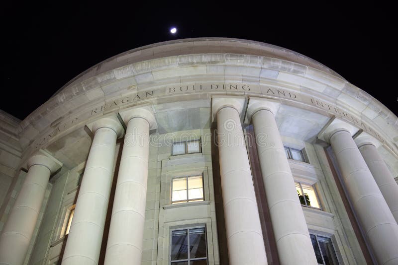 Ronald Reagan International Trade Building at Night Under the Moon and Stars, Pennsylvania Ave Washington DC. Ronald Reagan International Trade Building at Night Under the Moon and Stars, Pennsylvania Ave Washington DC