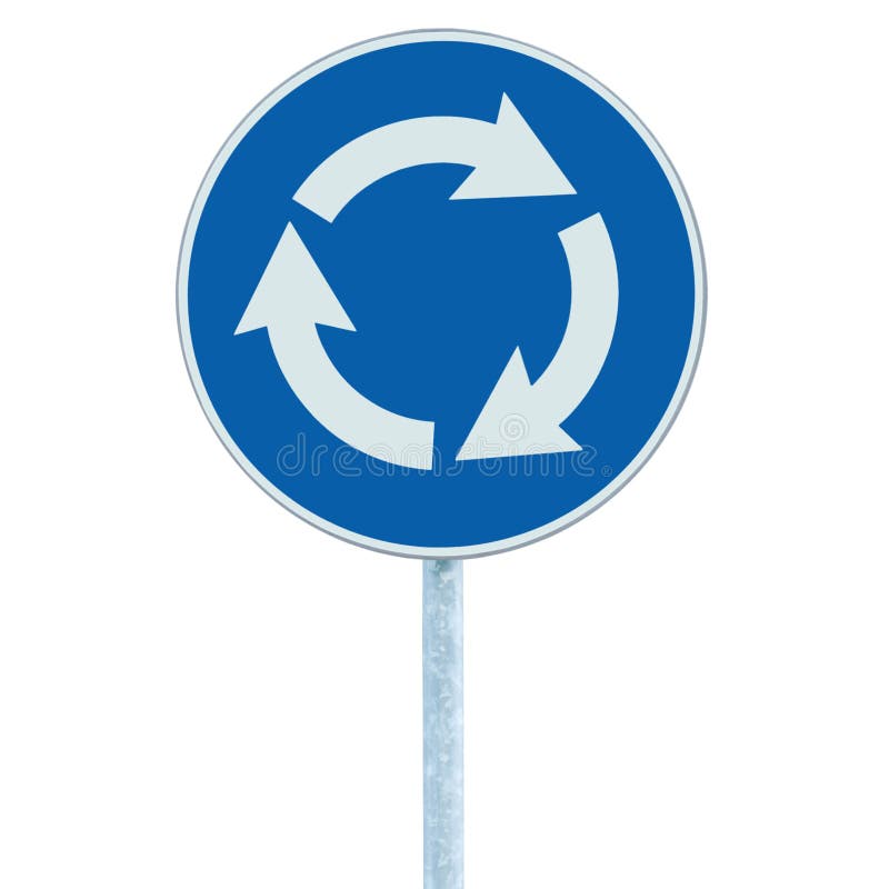 Ronda rozdroża drogowy znak odizolowywający, błękit, białe strzała lewe ręki, pobocze ruchu drogowego signage vertical zbliżenie zdjęcie royalty free Ronda rozdroża drogowy znak odizolowywający, błękit, białe strzała lewe ręki, pobocze ruchu drogowego signage vertical zbliżenie zdjęcie royalty free