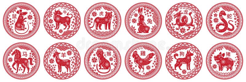 Ronde Chinese zodiale tekenen Cirkelzegels met een dier van het jaar, china New Year mascot symbolen vectorset