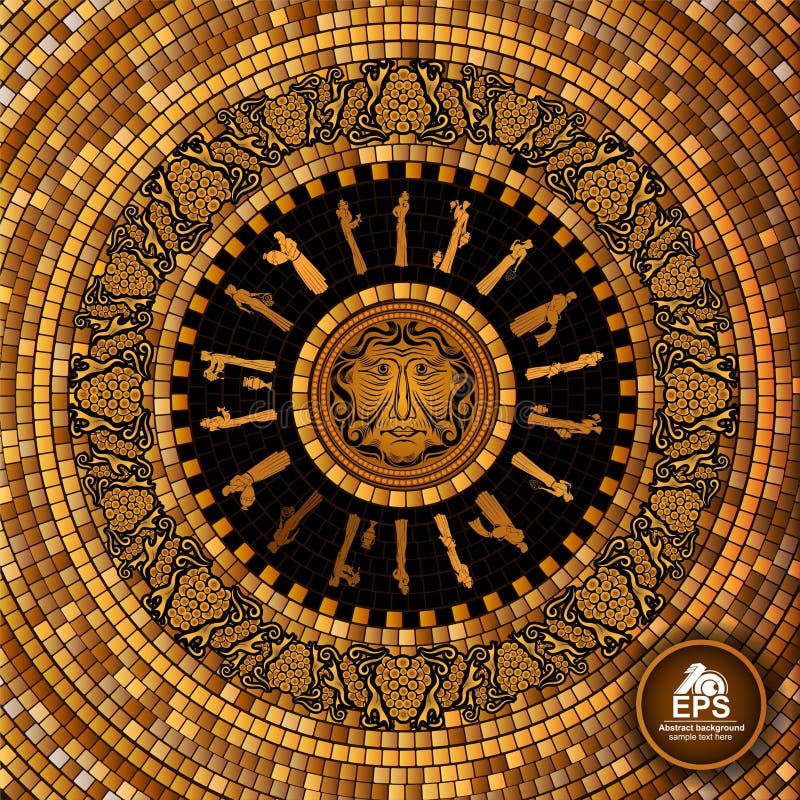 Ronde Griekse tegel geometrische achtergrond met druiven en het patroon en het gezicht van de wijnmaker stock illustratie Ronde Griekse tegel geometrische achtergrond met druiven en het patroon en het gezicht van de wijnmaker stock illustratie