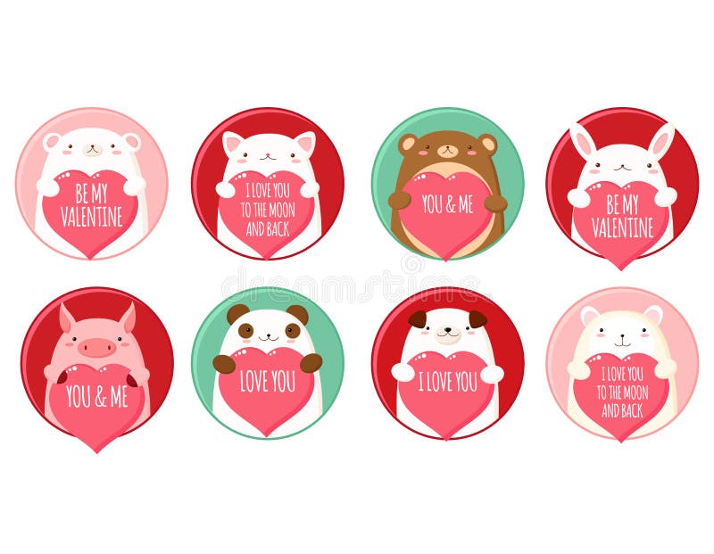 Ronde valentijnskiconen met schattige dieren vector illustratie Ronde valentijnskiconen met schattige dieren vector illustratie
