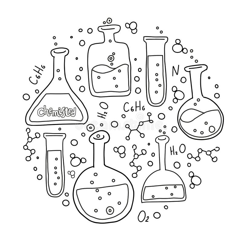 Ronde vormreeks van laboratoriummateriaal in zwart-witte geschetste krabbelstijl Druksamenstelling van Hand getrokken chemie en vector illustratie Ronde vormreeks van laboratoriummateriaal in zwart-witte geschetste krabbelstijl Druksamenstelling van Hand getrokken chemie en vector illustratie