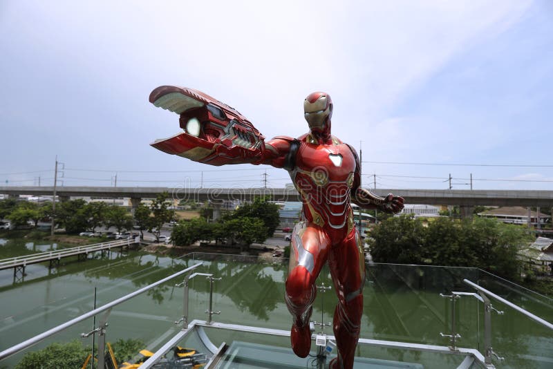 BANGKOK - JUNE 21 : IRONMAN Figure Model  1:1 SCALE on display at Robot Dessert Cafe on JUNE 21, 2019 in Bangkok, Thailand. BANGKOK - JUNE 21 : IRONMAN Figure Model  1:1 SCALE on display at Robot Dessert Cafe on JUNE 21, 2019 in Bangkok, Thailand