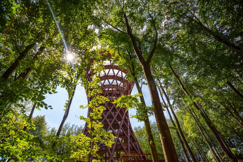 Ronnede. Denmark. July 27th. 2019 Camp Adventure Tower. Observation tower in the forest. View from below. Sightseeing. Travel.