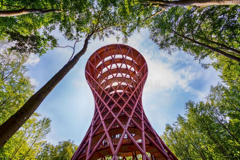 Ronnede. Denmark. July 27th. 2019 Camp Adventure Tower. Observation tower in the forest. View from below. Sightseeing. Travel.