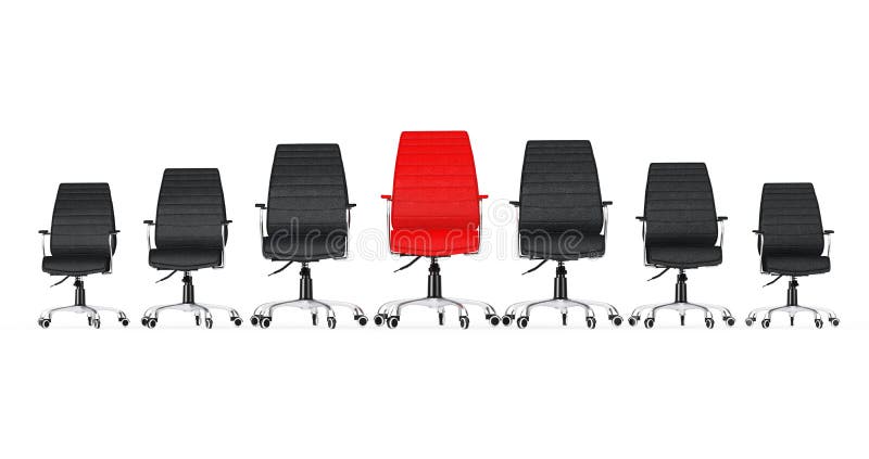 Rood Leer Chef- Office Chair Between Andere Zwarte Stoelen 3d ren vector illustratie Rood Leer Chef- Office Chair Between Andere Zwarte Stoelen 3d ren vector illustratie