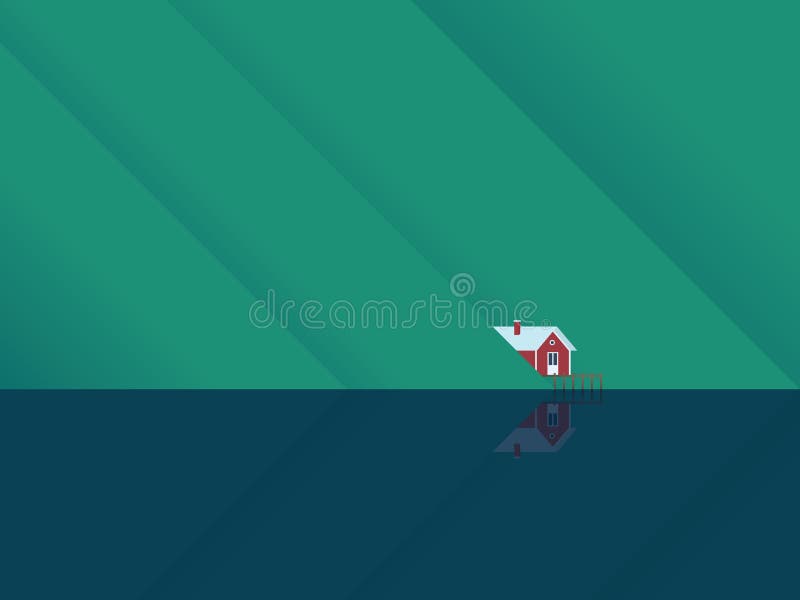 Rood meerhuis onder bergen met waterspiegelbezinning De Skandinavische stijlcabine als plaats voor vrije tijd, ontspant vector illustratie Rood meerhuis onder bergen met waterspiegelbezinning De Skandinavische stijlcabine als plaats voor vrije tijd, ontspant vector illustratie