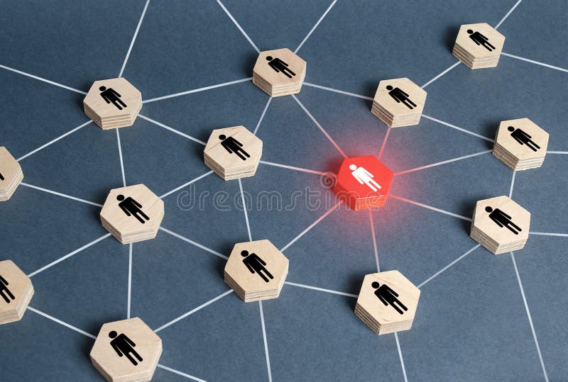 Red human figure in a network. Leader and leadership skills. Teamwork of a talented professional worker. Weak link, toxic worker. Security threat. Cooperation, collaboration. Spy. Employee replacement. Red human figure in a network. Leader and leadership skills. Teamwork of a talented professional worker. Weak link, toxic worker. Security threat. Cooperation, collaboration. Spy. Employee replacement