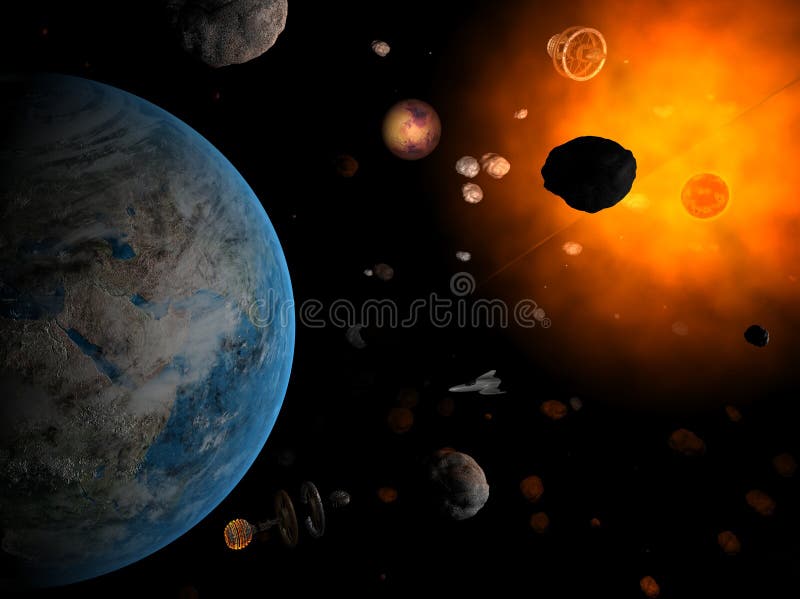 Red sun with asteroid field with planet as Earth in hell system. Red sun with asteroid field with planet as Earth in hell system