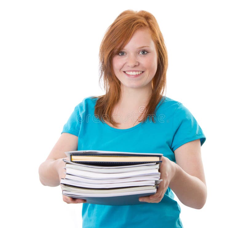 Red-haired girl with documents in hands - isolated on white. Red-haired girl with documents in hands - isolated on white